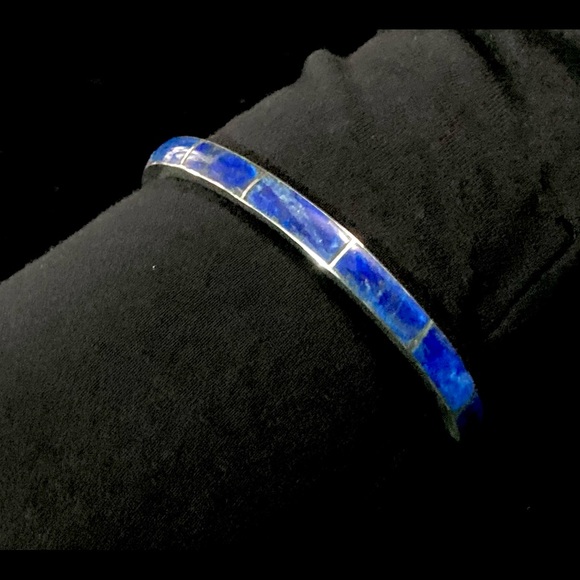 Vintage Native American Sterling Silver & Lapis Inlay Cuff Bracelet - Picture 6 of 10